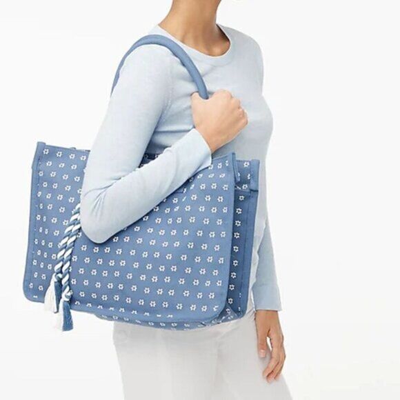 J Crew Women's Structured Chambray Cotton Tote Bag Blue‎ NEW $128 - Picture 1 of 3